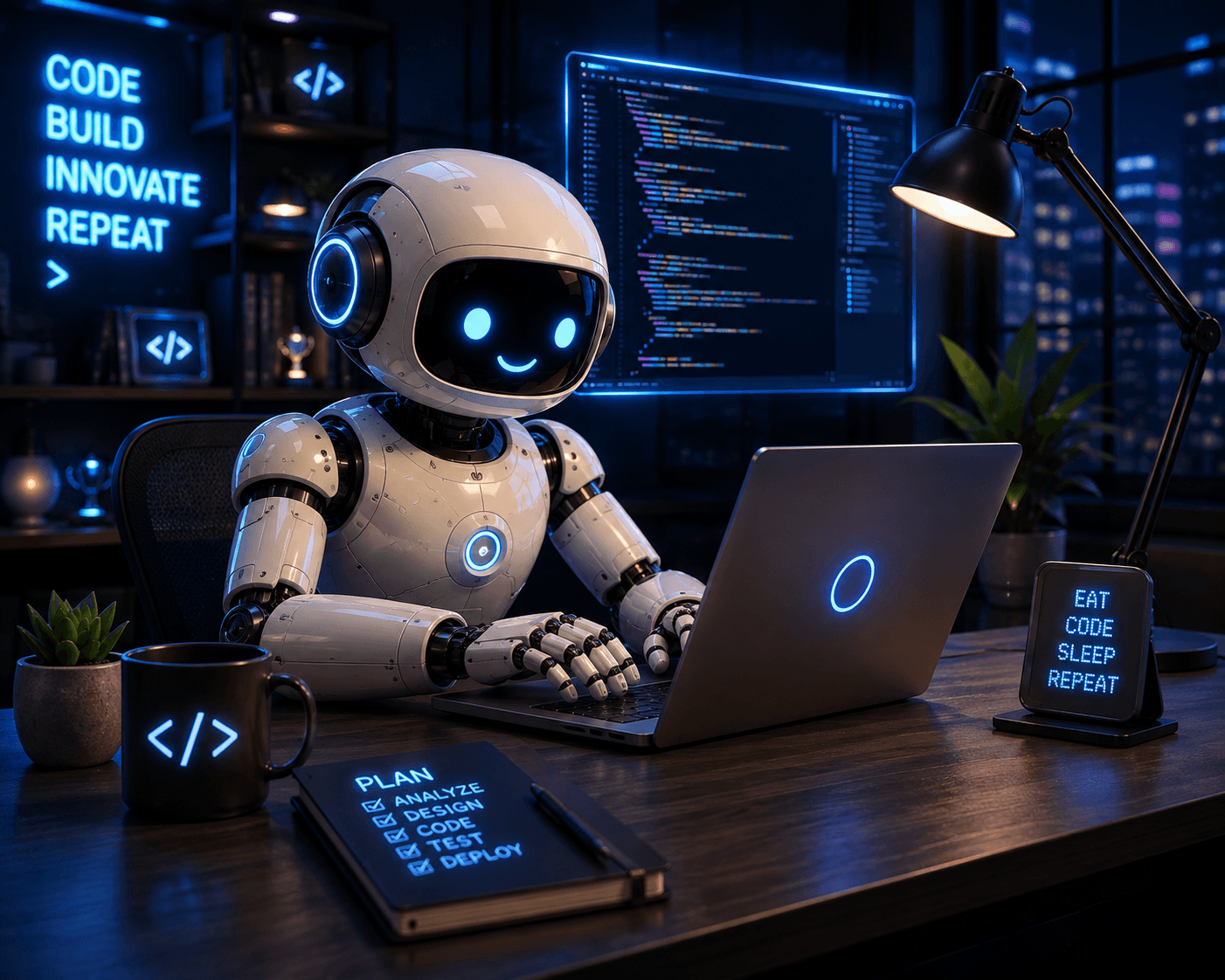 Friendly robot software engineer working at a laptop